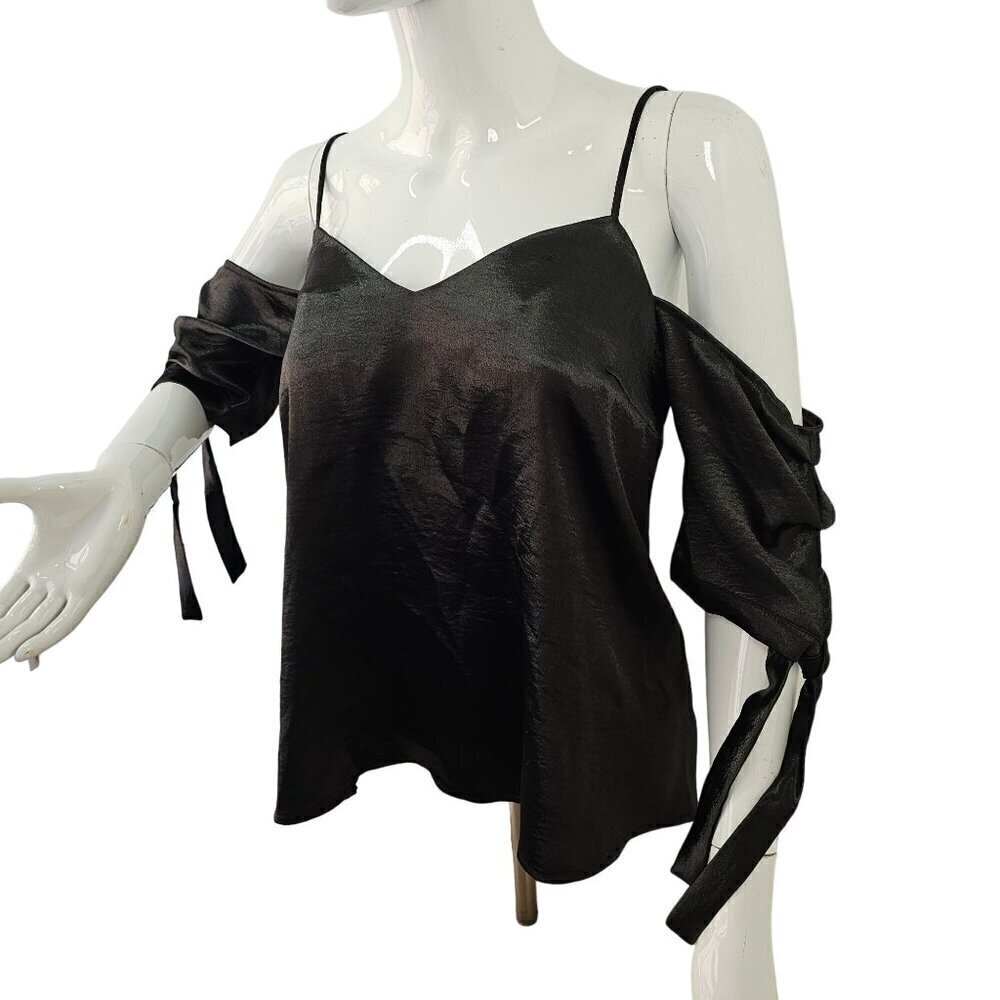 Silence & Noise Off Shoulder Top Women M Black Silky Shimmery Poly Open Back NWT
